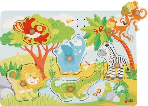 goki 57398 - Puzzle sonoro animali africani in legno, 30 x 21 x 3,4 cm, 6 pezzi