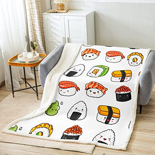 Loussiesd Sushi Muster Decke Kuscheldecke im japaniSchön Stil für Kinder Jungen Mädchen Mädchen Essen Thema Wohndecke Nette Karikatur Japanische Sushi Flanell Fleecedecke Raumdekor Decke 100x130cm