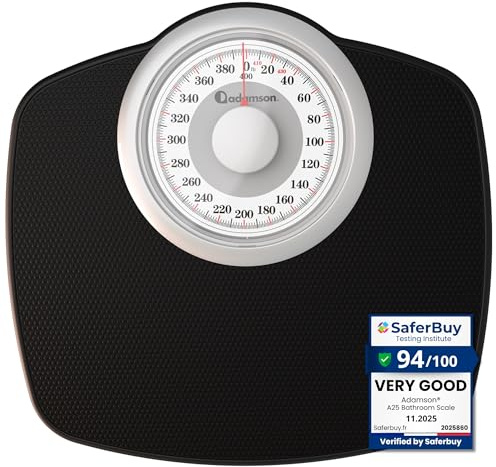 Adamson A25W Scales for Body Weight - Up to 400 LB - 5.3 Dial on 12.4 x 10.2 Platform - Anti-Skid Rubber Surface - High Precision Bathroom Scale Analog - Durable with 20-Year Assurance - White