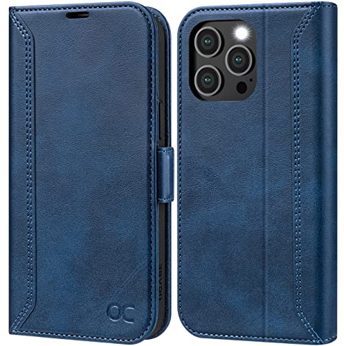 OCASE Coque iPhone 14 Pro Rétro, Etui Portefeuille iPhone 14 Pro [RFID Blocage] [Béquille] [Fentes pour Cartes] Antichoc TPU Housse Cuir PU pour iPhone 14 Pro 6,1 Pouces (Série Rétro, Bleu)