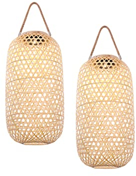 meineWunschleuchte LED Solarlaternen 2er Set mit Korbgeflecht aus Bambus, Höhe 56,5cm
