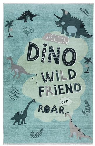 Grüner Kinderteppich mit Dinosauriern - 155 x 225 cm – Waschbar & rutschfest – Weicher Spielteppich für Kinderzimmer - Schlafzimmer Teppich