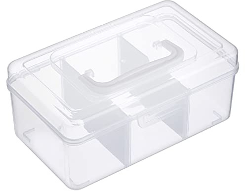 IGNPION Small Clear Craft Stackable Storage Box with Divider Grid, Plastic 3-compartment Mulit Purpose Storage Container for Nail Polish, Toys, Arts Crafts, Stationery, Sewing, Fishing Tackle