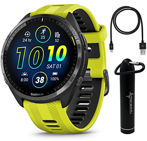 Wearable4U - Garmin Forerunner 965 Premium GPS Running and Triathlon 47mm Smartwatch with AMOLED Touchscreen Display, Carbon Gray DLC Titanium Bezel and Amp Yellow Silicone Band with E-Bank.