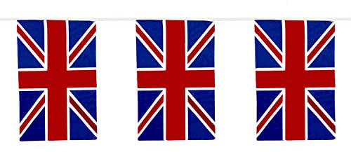 WedDecor 12ft Union Jack Bunting Flags – Double-Sided British Flag Banner with 11 Flags for King Charles III Birthday Party, BBQ, Pub Decor, Street Events, Garden & Football Festivities - Pack of 2