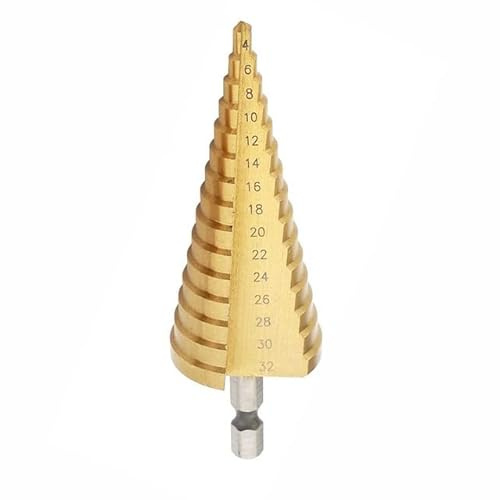 SDTOOLS Step Drill Bit Set for Wood Titanium Coated Hard Metal Punch Hole Cutter Woodworking Tools Stepped Drills 32mm Hex Cone Bits Kit (15 step bit (4-32mm))