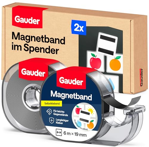 GAUDER Magnetband im Spender - Selbstklebender Magnetstreifen für leichte Gegenstände - Zuschneidbares Magnetklebeband zum Befestigen von Postkarten & Fotos auf Metallflächen (2 Stück je 6 m x 19 mm)