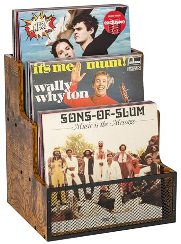 Yuzehuaza Rustikale abgestufte 3-stöckige LP Vinyl-Schallplattenkiste mit Metallgitter, Holz-Alben-Aufbewahrung, Schreibtisch-Organizer-Box für Vinyl, rustikales Braun und Schwarz (zum Patent