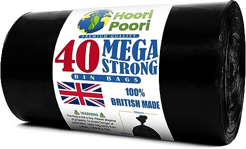 Hooripoori 70L Litres 40 MEGA Strong Heavy Duty Bin Bags, 45 μm Leak & Tear Resistant Dustbin Bags Roll, Bin Liners, Bin Bag, Refuse Sacks 100% Recycled Material & Eco Friendly