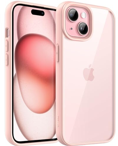 JETech Cover per iPhone 15 Plus, Rosa | Cornice Opaca in TPU a Tinta Unita, Antigraffio, Custodia Telefono con Retro Trasparente