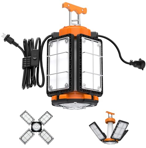 LED Temporary Work Light: 80W 12000LM Led Work Light with Brightness Adjustable Switch, 4 Deformable Panels Portable Construction Light, 5000K Linkable Hanging Work Lamp for Workshop Garage Jobsite