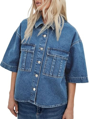Imily Bela Womens Oversized Short Sleeve Denim Jackets Trendy Cropped Jean Tops Shackets