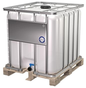 IBC 1000 Liter auf Einer Holzpalette | Tank für Flüssigkeiten | Regentonne | Transportcontainer/Lagercontainer | Kunststofftank mit Europalette für Garten oder Industrie Natur