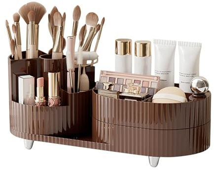 DASITON Make up Kosmetik Organizer,360° Drehbarer Make Up Pinsel Organizer,Großer Kapazität Kosmetik Aufbewahrung mit Schubladen,Schmink Organizer für Frisiertisch,Schlafzimmer,Badezimmer(Braun)