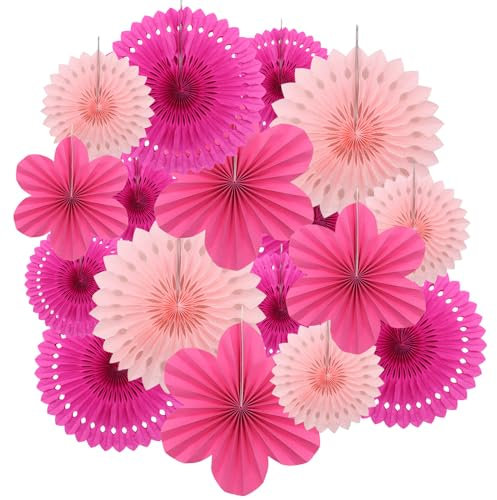 17 Pcs Hanging Pink Party Decoration, VEGCOO Paper Party Decorations Round Flower Fan Decoration, Pink Honeycomb Decoration Paper Fans for Birthday Wedding Baby Shower Neon Parties Wall Ceiling Decor
