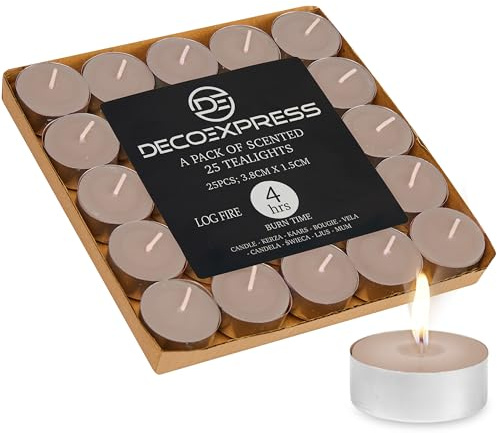 DECO EXPRESS Teelichter Großpackung, 24, 25, 50, 100 oder 200 Teelichter Lange Brenndauer 4, 8 oder 10 Stunden (Holzfeuer 25/4 Stunden)