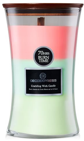 DECO EXPRESS Duftkerze im Glas im Sanduhr Design mit Knisterndem Docht 3 in 1 Duft Kerze Bis zu 130 Stunden Lange Brenndauer Geschenk Idee (Pfirsich-Jasmin/Frische Laken/Let it Snow)