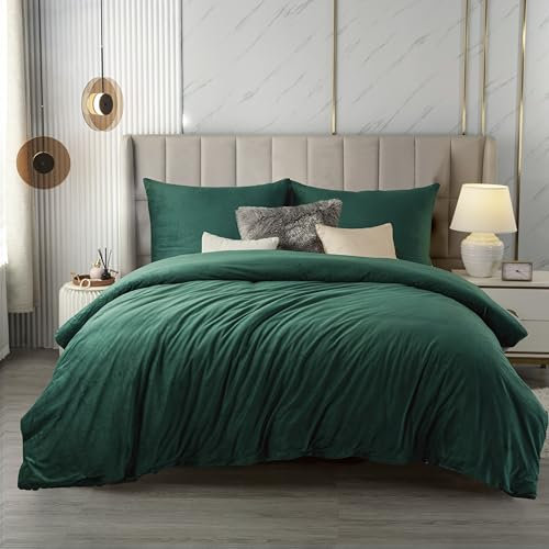 Soifox Warm Winter Flannel Duvet Cover Set Double, Dark Green Crushed Velvet Duvet Cover Double Bed with 2 Pillowcases, Non Iron Soft Luxury Quilt Cover Bedding Set with Zipper Closure, 200x200