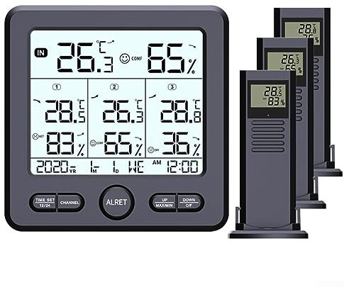 Station Météo Affichage Thermomètre Hygromètre avec 3 Capteurs pour Température Intérieure et Extérieure (Noir)
