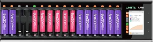 LIMETA 16-Slots Batterieladegerät AA AAA für Nimh Nicd Nizn LiFePO4 & 3,7 V Li-Ionen-Akkus Smart Schnellladegerät für wiederaufladbare Batterien