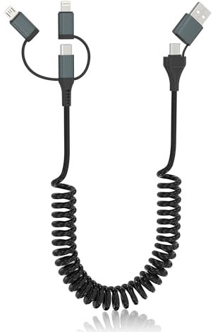 Multi USB C Ladekabel USB auf Lightning und USB C Spiralkabel 2 in 1 Android Auto & Apple Carplay Kabel, Universal Ladekabel 3 in 1 Schnellladekabel mit USB C Lightning Micro für iPhone Galaxy Laptop