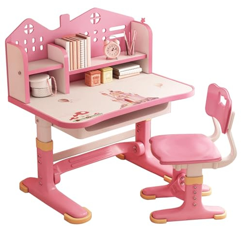 zomebar Kleiner Schreibtisch, Stehpult, Schreibtischstuhl Set, verbreiterter Schreibtisch Multi Separation Cartoon Muster Schreibtischstuhl Set Kinder höhenverstellbarer Studiertisch (Rosa & weiß)
