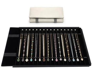 SCIKHEFT Tragbare Schmuckrolle, unverheddert, sichere Aufbewahrungstasche für Halsketten, Reisen, Display-Halter, 16 Ketten (graues PU und schwarzer Samt)