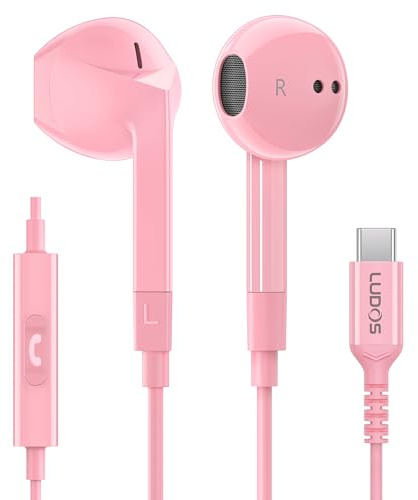 LUDOS FEROX USB C Kopfhörer, 5 Jahre Garantie für iPhone 16 15 Pro Max Plus Samsung Galaxy S24 S23 Ultra S22 S21 FE S20 A53 A54, USB Typ C Ohrhörer mit Mikrofon In-Ear mit Kabel für iPad Pro - Rosa