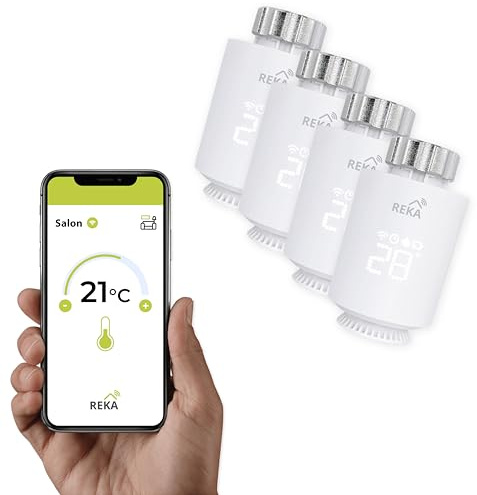 Tête Thermostatique Intelligente Connectée REKA - Contrôle Température Via Appli Tuya, Programmation, Détection Fenêtres Ouvertes - Compatible Assistants Vocaux (4, sans Passerelle)