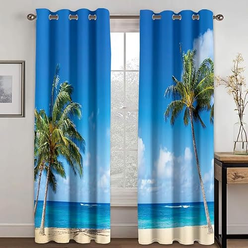 Rptidmv Vorhänge mit Ösen Blauer Kokosnussbaum Vorhang Blickdicht Verdunklungsvorhänge Thermovorhang Schallschutz - Wohnzimmer Schlafzimmer Büro Deko Garten 2er Set -140 x 245 cm (B x H)