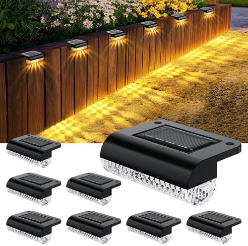 HAMLITE Solar Garden Fence Lights, Solar Decking Lights Outdoor Waterproof, 3000K Auto on/Off Steps Light Outdoor for Stair, Gutter, Yard, Patio, Pathway, Wall Lighting 8 Pack Ambient Light
