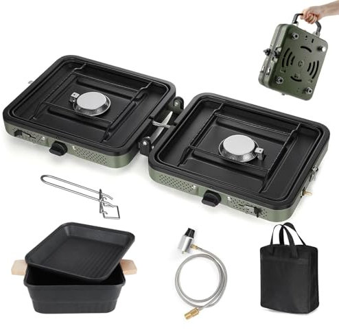 Réchaud De Camping Pliable à 2 Brûleurs Avec Plaque Chauffante, Marmite, Clip, Cuisinière à Gaz Portable Pliable Avec Brûleurs Réglables De 16 000 Btu, Allumage Piézo, Poignée De Transport Facile