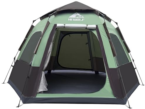 Hewolf 2/3/4 Person Camping Tent - Instant Pop Up Waterproof 2 Doors Tent with Easy Setup | 3-Season Hexagonal Dome Design for Family, Hiking & Traveling (Green-1)