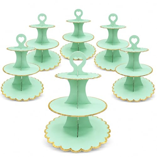 UKoosien Paquete de 6 soportes de cartón multicolor para tartas de 3 niveles, soportes para té de la tarde para bodas, baby shower, fiesta de cumpleaños, exhibición redonda de torre de postre (verde)