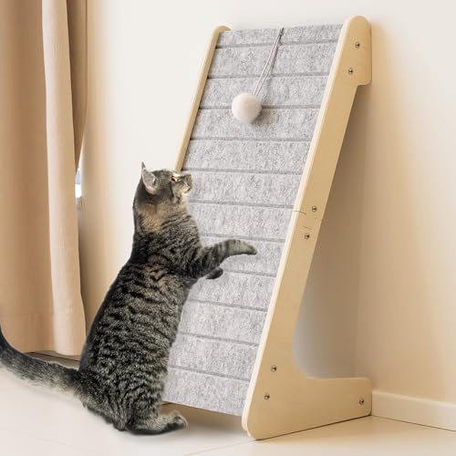 PETKARAY Dual-Use Felt Cat Scratcher - Large 64.5cm H, L Shaped Scratching Pad, Scratch Resistant Carpet Scratcher Ramp, Slot-Free Scratch Board with Toy Ball, Light Grey