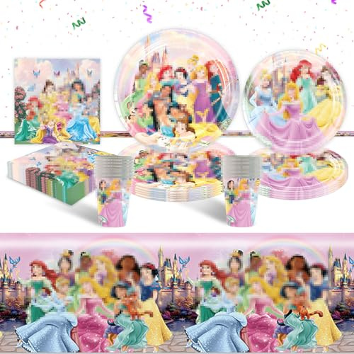 Princess Party Supplies Party Tableware Set- 51Pcs Children's Birthday Decoration Princess Birthday Themed Decorations Plates Cups and Napkins Tablecloth for Baby Showers Girls Parties Deco