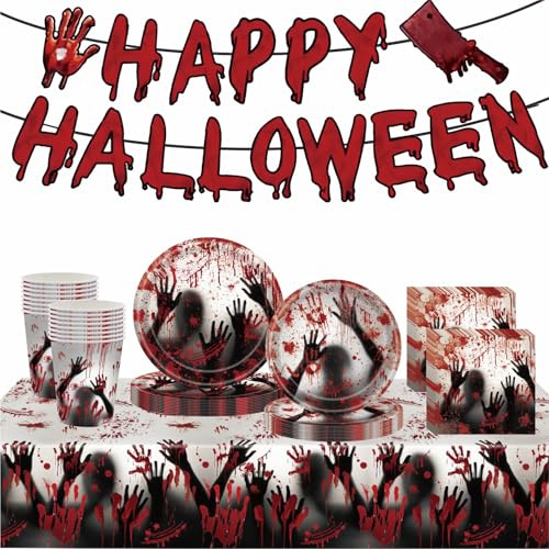70 Pcs Halloween Party Tableware Set, Complete Halloween Decorations Kit with 1 Plastic Tablecloth, 16 Cups, 20 Napkins, 16x 7&9 Inch Plates and 1 Decor Banner, Blood Hands Disposable Tableware Set