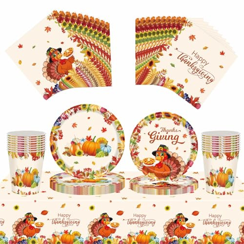 Autumn Thanksgiving Party Kit - 69 Pcs Turkey Maple Leaf Printed Tableware Set, Includes Paper Plates, Cups, Napkins, Tablecloth and Banner for Thanksgiving Dinner Decorations, Autumn Table Decor