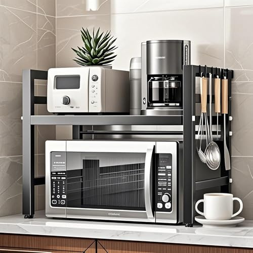 Shakub Mikrowellen Regal, 2-stufiges Küchen Mikrowellenständer, 40-64 cm Erweiterbarer Ausziehbarer Küchenregal für Arbeitsplatte, Küchen-Aufbewahrung Organizer mit 6 Haken, Schwarz