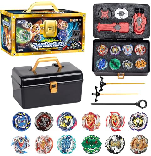 Trottole Blade Burst, Set da Battaglia per Trottole a Scatola, Blade X Trottola con 12 Trotto-le, 3 Lanciatore, 1 Manico e Scatola Portaoggetti, Set da Metal Fusion Battle Trotto-le per Compleanno