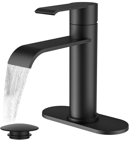 FORIOUS Black Bathroom Faucet 1 Hole, Single Handle Matte Black Waterfall Bathroom Faucet Single Hole for Rv, Lavatory, Restroom Tap with 3 Hole Adapter Deck Plate, Pop Up Drain and 24 Supply Hose