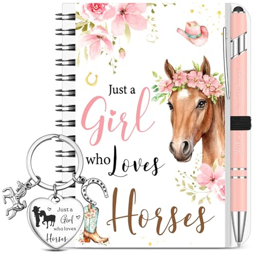 Sinmoe 3 Pièces Cadeaux Cheval Just A Girl Who Loves Horses Journal Stylo à Bille Porte-Clés Cadeaux pour Passionnés de Chevaux Anniversaire et de Noël pour Femmes
