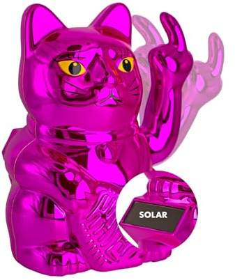 ANGRY CAT Winkekatze Lucky CAT - SOLAR betrieben Lustige winkende Katze - japanische Winkkatze - Dekoartikel Wackelfigur Katze mit Winke-Arm mit Finger - 10cm, pink-metallic