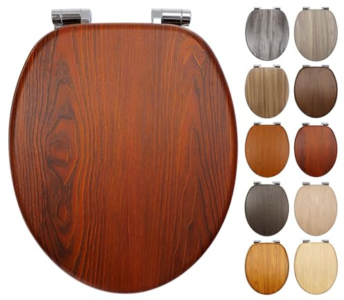 Fanmitrk WC Sitz mit Absenkautomatik, Toilettendeckel aus MDF Holz, Toilettensitz mit Holzoptik-Furnier (Rotes-Esche-Optik)