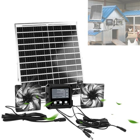Kit de Ventilador Solar Exterior con Temporizador, 3 Modos, Doble Alimentación Panel Solar de 40 cm + Batería, con Dos Ventiladores para Gallinero, Caseta para Perros, Invernadero, Cobertizo de Jardín