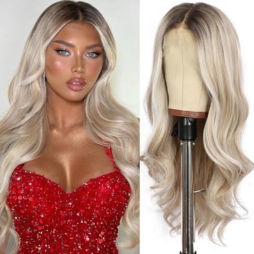 SOMIARIK 33 x 10 cm blonde Lace-Front-Perücke für Damen | 33 x 10 cm vorgezupfte synthetische Lace-Front-Perücke für Damen, 150 % Dichte, natürlich aussehende Körperwelle mit dunklen