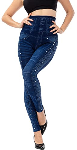 YOSUWOAI Falsch Jeans Print Yogahose Damen Stretchhose Leggings Yoga Waist Treggings Fitnesshose Figurbetonte Tights Damenleggings Hose Jeans Optik Legging Freizeithose Eng High, azul, L