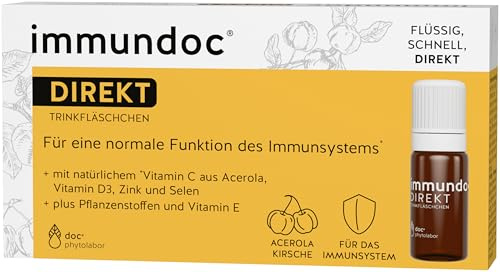 immundoc DIREKT Trinkfläschchen, Immunsystem auf Knopfdruck, 6 Stück à 9ml, Nahrungsergänzungsmittel mit natürlichem Vitamin C aus Acerola, Vitamin D3, E, Zink und Selen
