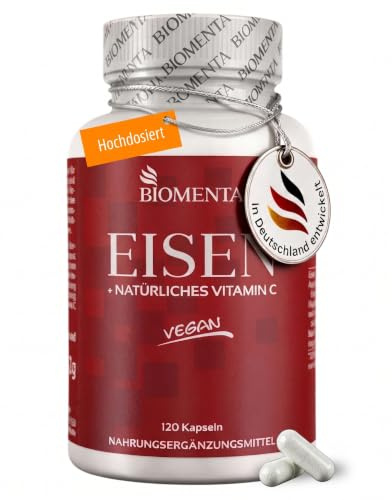 BIOMENTA Eisen + Natürliches Vitamin C - 120 Eisenkapseln hochdosiert (143% NRV) - aus Eisenbisglycinat + Acerola + Hagebutte (Vitamin-C-Quellen - 90mg) - Geschmacklos & vegan - Premiumqualität