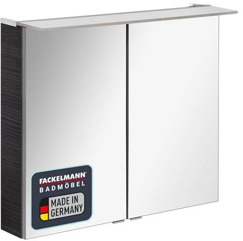 FACKELMANN B.PERFEKT LED Spiegelschrank 80 cm, Anthrazit, Dark Oak Design, Zerlegt, Made in Germany – 2 Spiegeltüren, Innenspiegel, Gedämpfte Scharniere